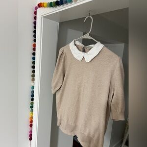 LOFT Women's Short Sleeved Tan Sweater with White Collar